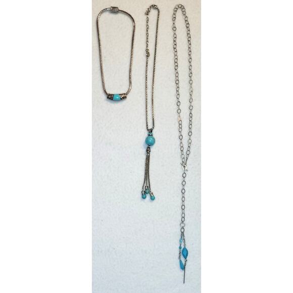 Lot 3 Faux Turquoise Necklaces Silvertone Choker Toggle Fringe Western Boho - Picture 2 of 10